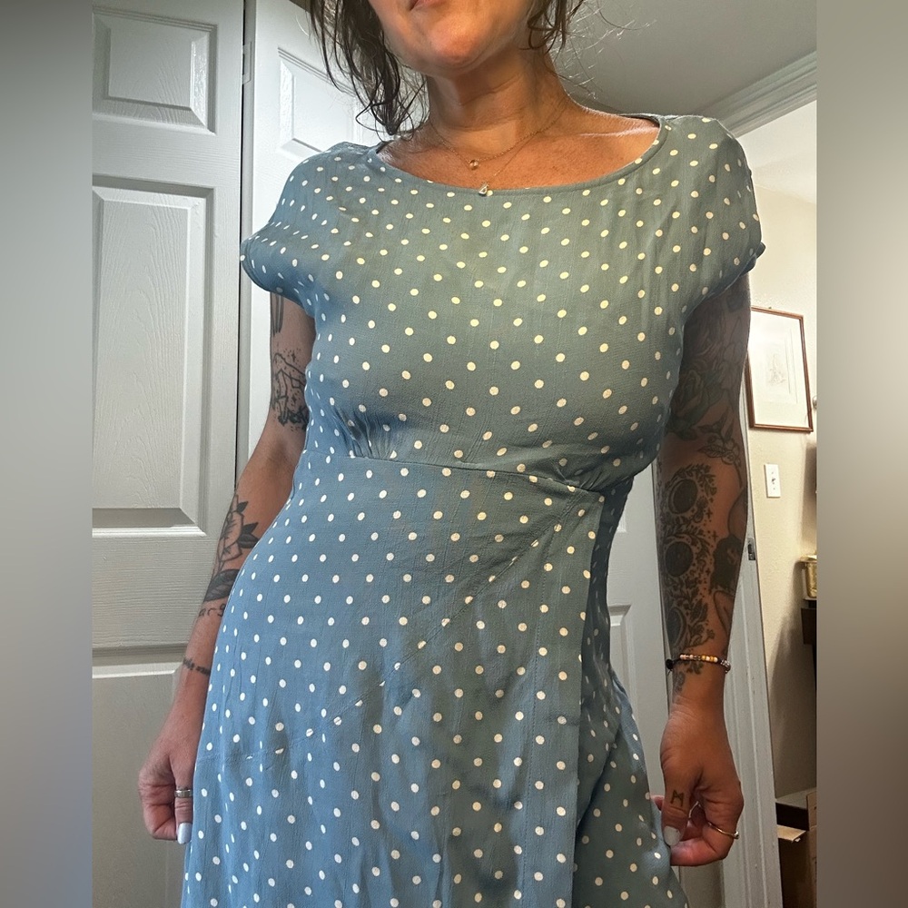 Maeve by Anthropolgie Blue and White Polka Dot Midi Sundress with Cap Sleeves